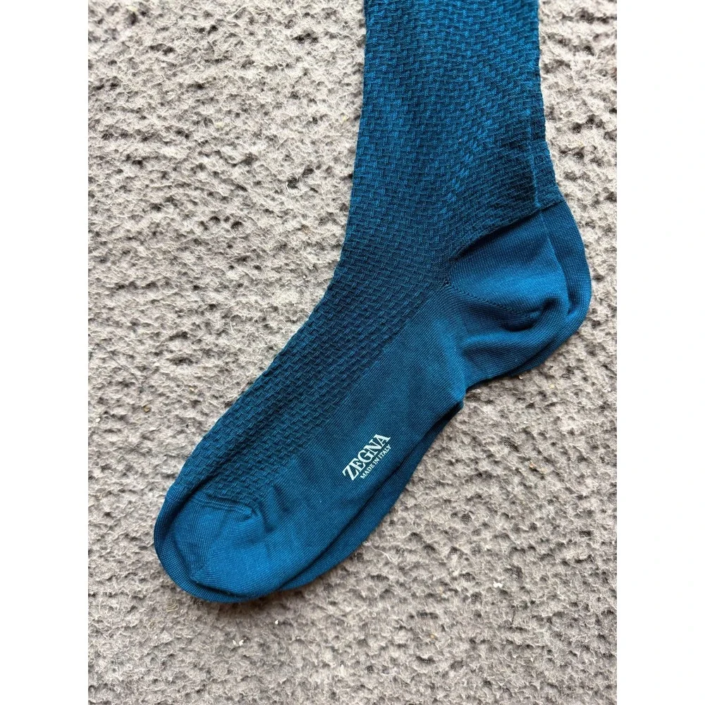 NWT Zegna Texture Mercerised Stretch Cotton Knee Socks Blue One Size Unisex